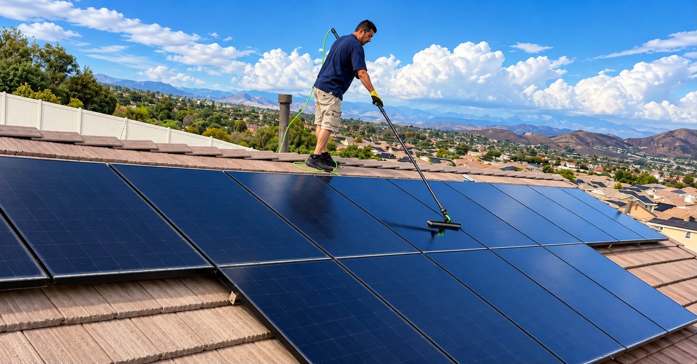 Lunar Pressure Washing technician cleaning rooftop solar panels